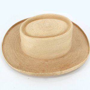 Vintage 1950s 1960s Straw Cowboy Hat Gambler Crown Mid Brim Cream Beige